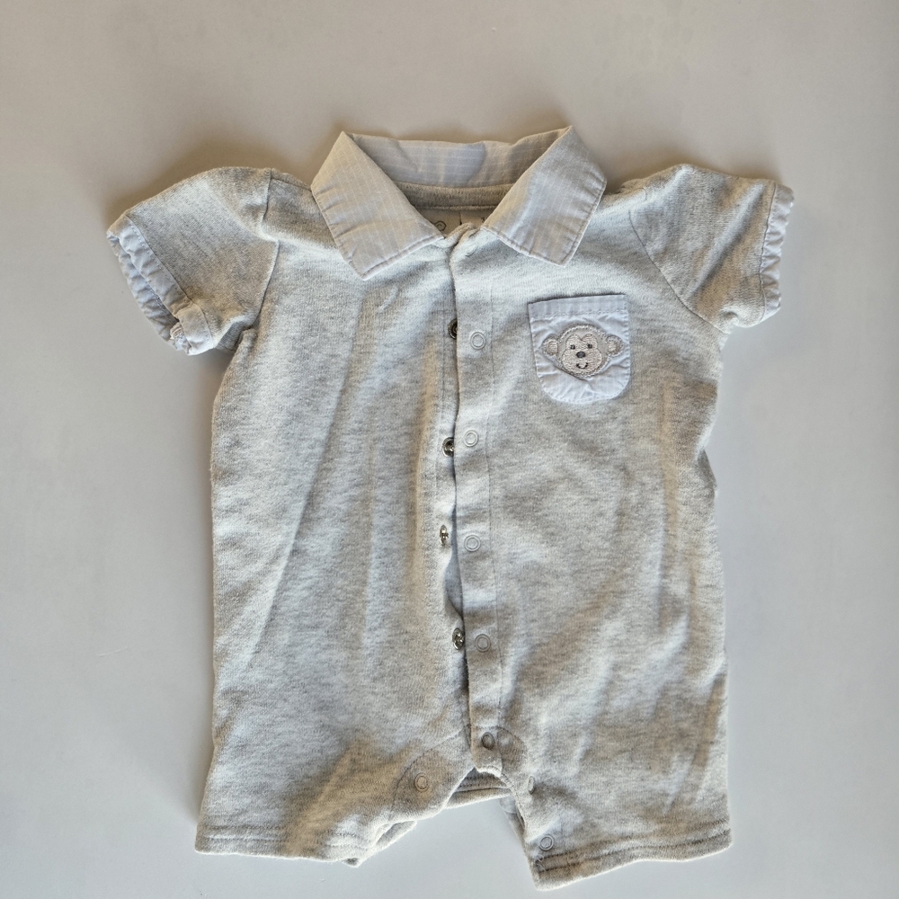 Koala Kids Light Gray And Blue Button Down Romper with Monkey Embroidery 3m